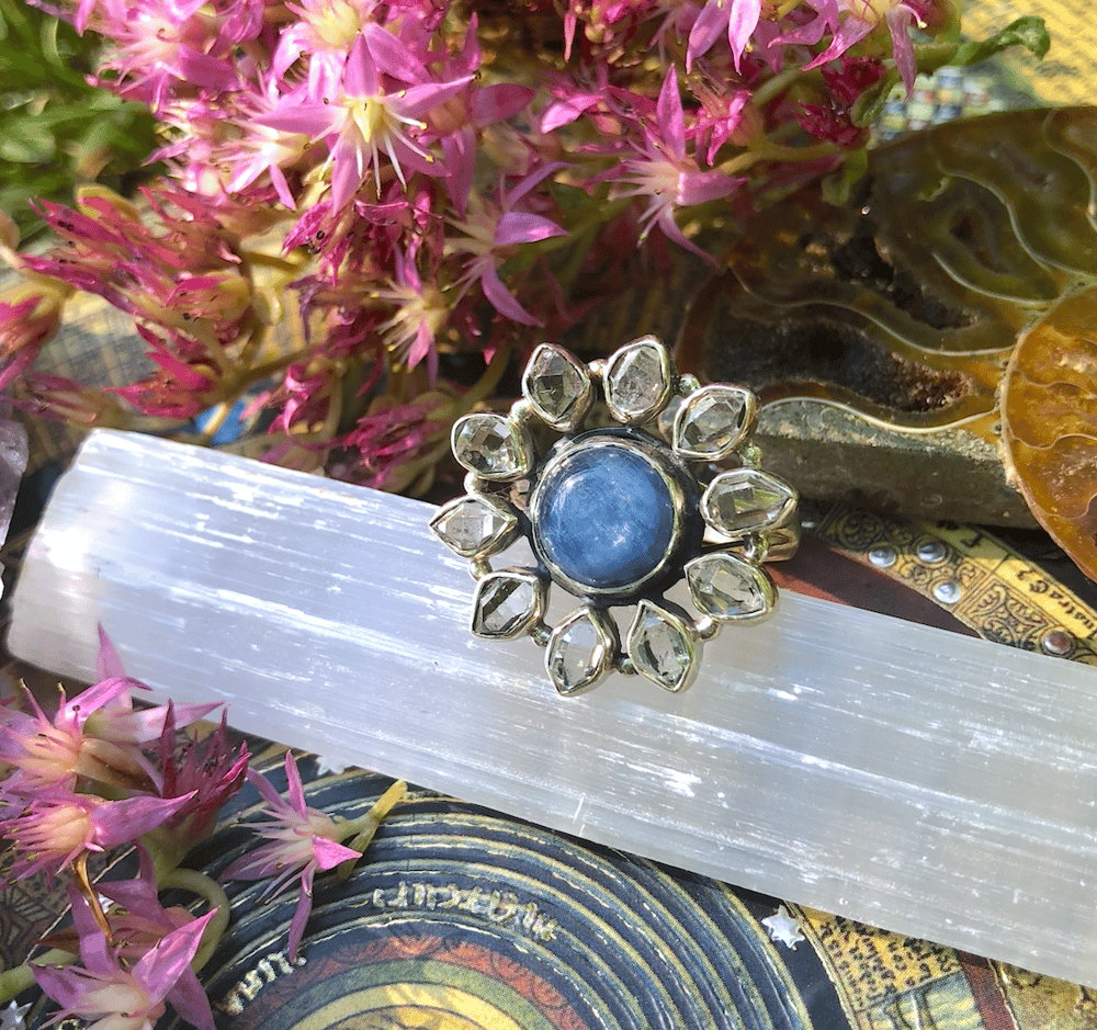 Image of Blue Kyanite + Herkimer Diamond Sterling Silver Ring (Size 9)