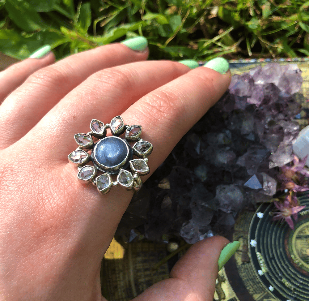 Image of Blue Kyanite + Herkimer Diamond Sterling Silver Ring (Size 9)