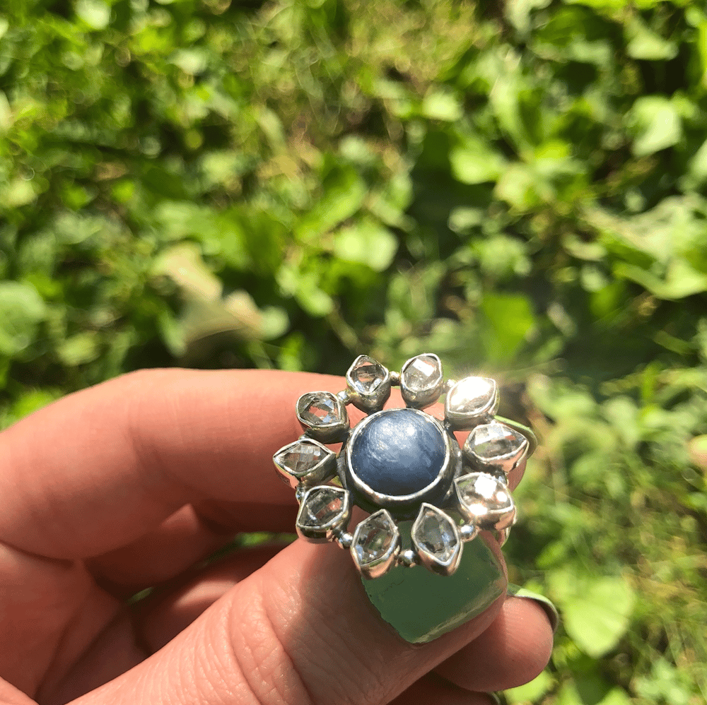 Image of Blue Kyanite + Herkimer Diamond Sterling Silver Ring (Size 9)
