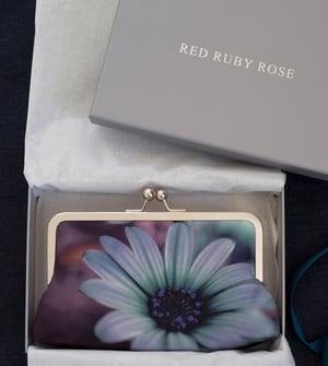 Image of Blue Daisy silk clutch bag with optional chain handle