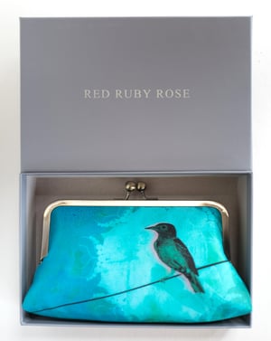 Image of Blue bird printed silk clutch bag + chain handle