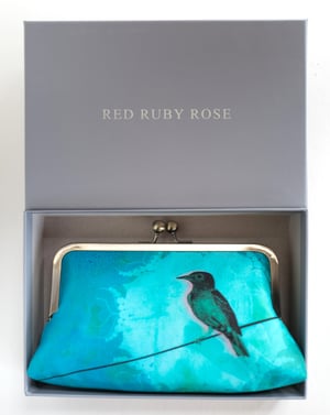 Image of Blue bird, silk clutch bag with optional chain handle