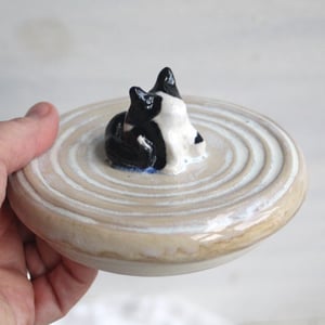 Image of Garlic Keeper with Tuxedo Cat Knob Whimsical Handcrafted Pottery Made in USA