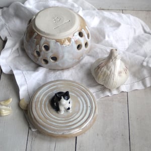Image of Garlic Keeper with Tuxedo Cat Knob Whimsical Handcrafted Pottery Made in USA