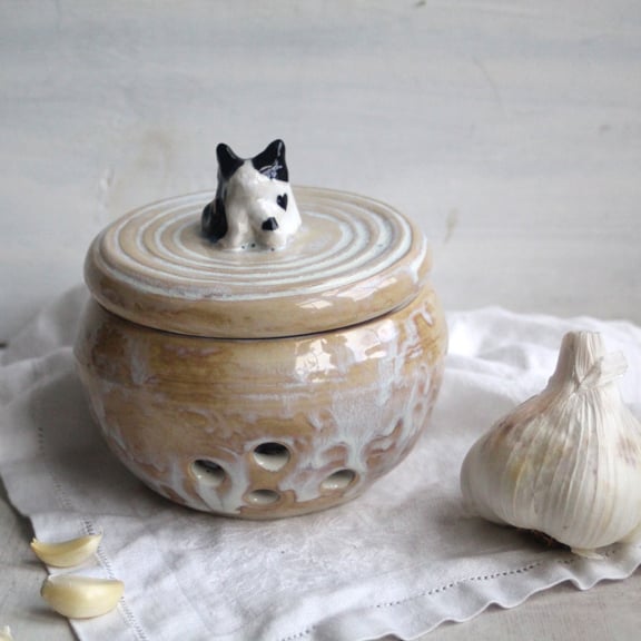 Image of Garlic Keeper with Tuxedo Cat Knob Whimsical Handcrafted Pottery Made in USA
