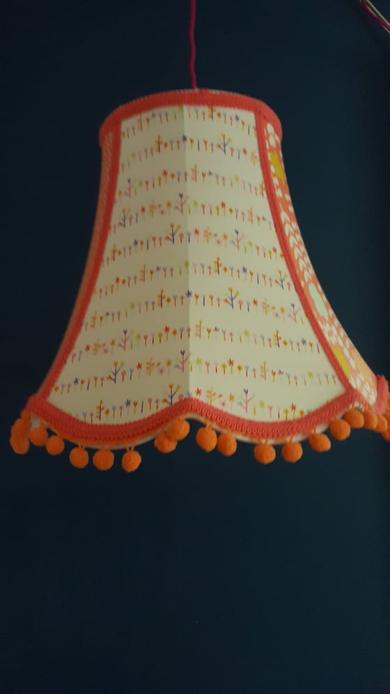 Image of Michael Miller fabric scallop edge lampshade with Orange pom pom fringe 