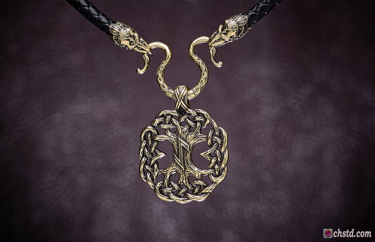 YGGDRASIL : Tree of Life + Leather necklace with raven heads at the ends ( 6 mm cord).