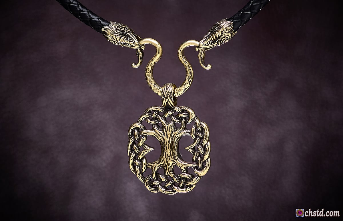 YGGDRASIL : Tree of Life + Leather necklace with raven heads at the ends ( 6 mm cord).