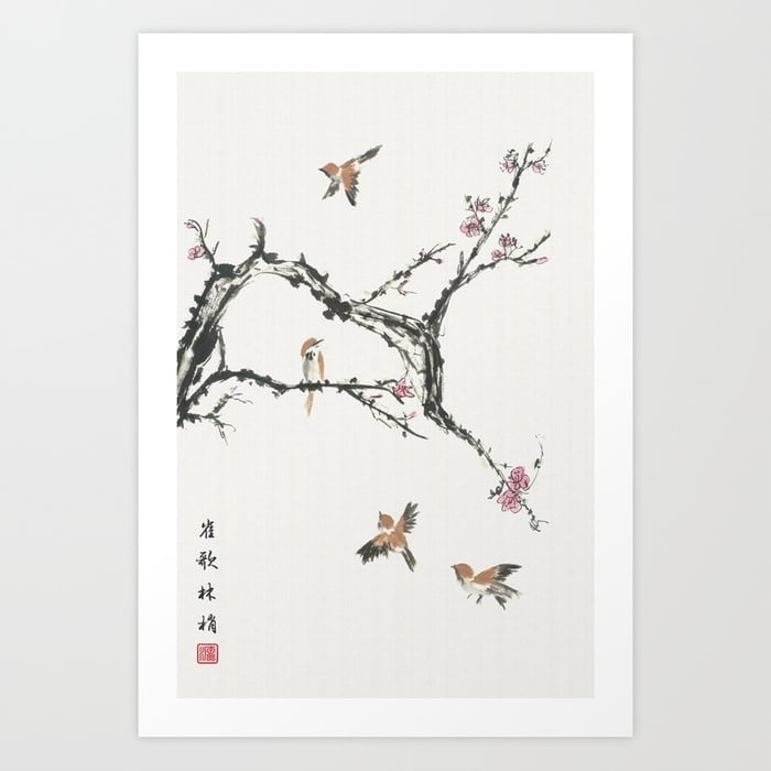 Image of Art Print - Sparrows & Blossoms