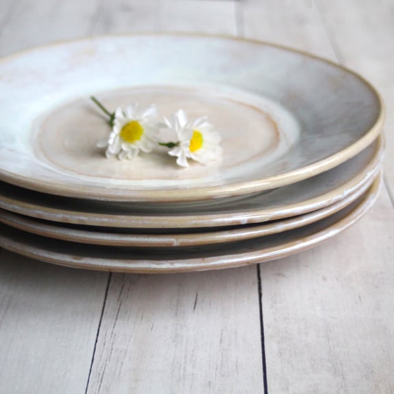 Image of Set of Four Rustic White and Ocher Dinner Plates Handmade Dinnerware Made in USA