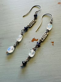 Image 8 of asymmetrical iolite and rainbow moonstone dangle earrings