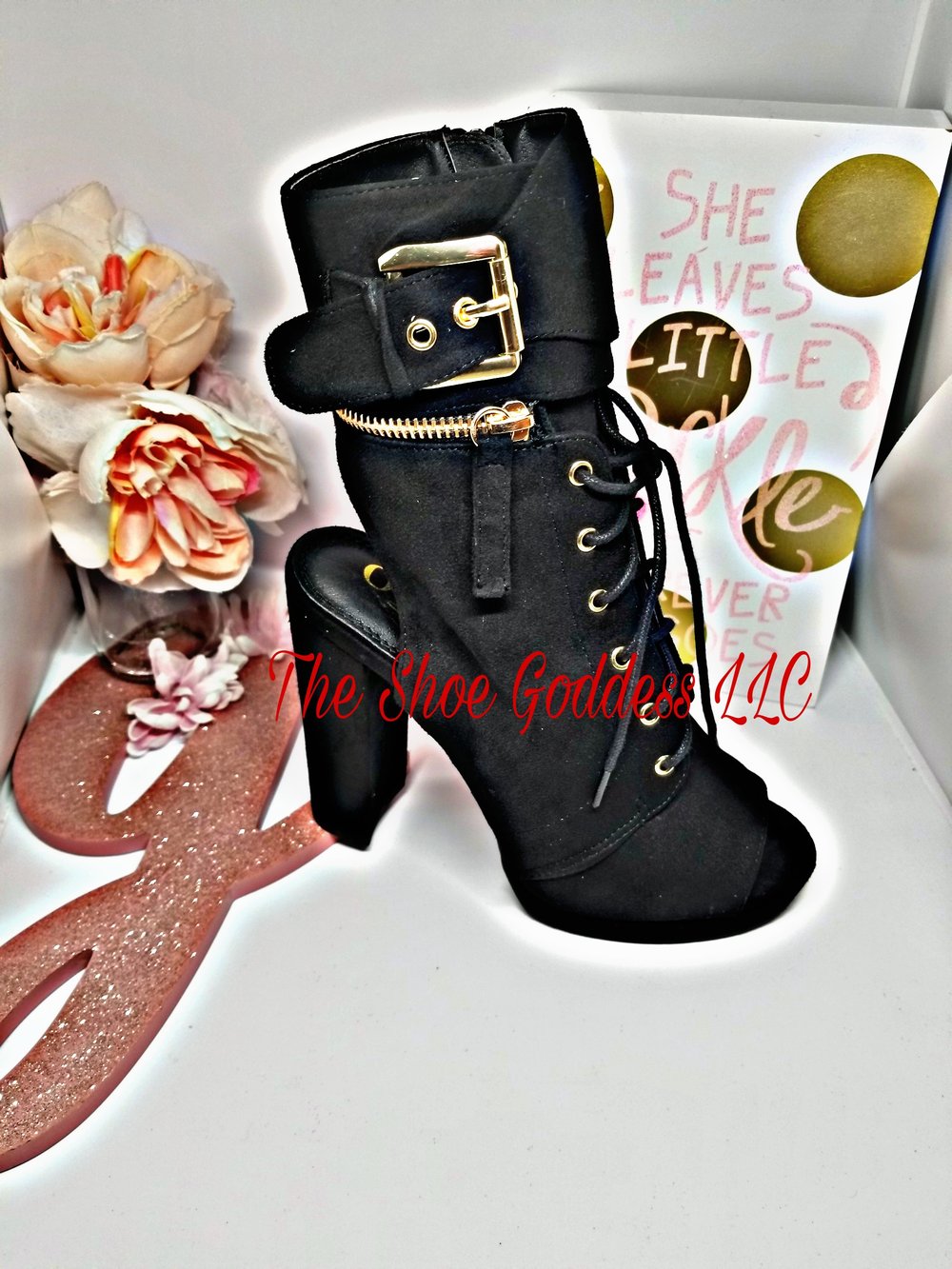 "Aaliyah" Black peep toe laced chunky bootie