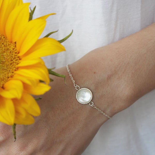 Image of Mother of Pearl cabochon cut silver chain bracelet