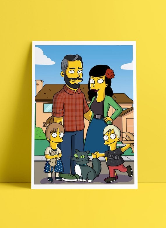 Image of Custom Yellow Family Portrait 2 adults + 2 kids + a pet + custom background