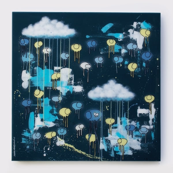 Image of Raining Cows, “lLLUSIONS IN THE SKY” 36”X36” 2018
