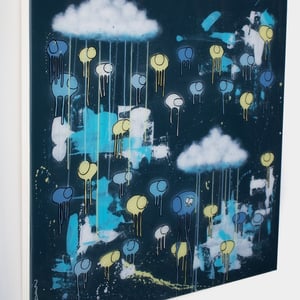 Image of Raining Cows, “lLLUSIONS IN THE SKY” 36”X36” 2018