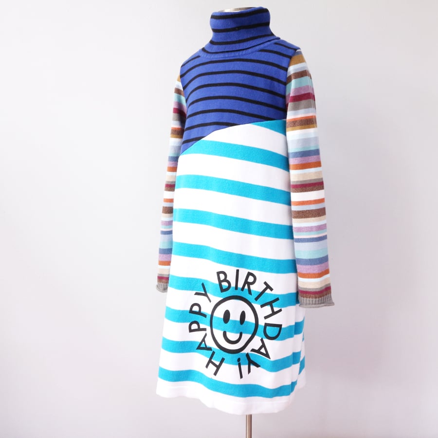 Image of birthday dinner 6/7 blue blues stripes happy bday cotton mix sweater turtleneck dress