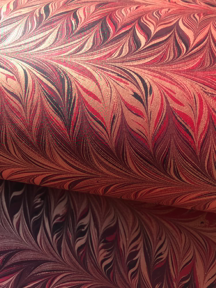 Image of Marbled Paper #25 'Red intricate combed design with metallic gold'