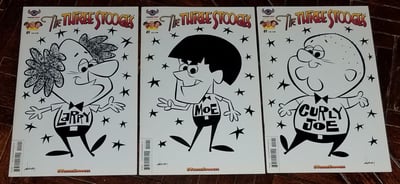 Image of THE THREE STOOGES 3-PIECE ORIGINAL ART SKETCH COVER SET! TV FUNNY MEN LARRY, MOE, and CURLY JOE!