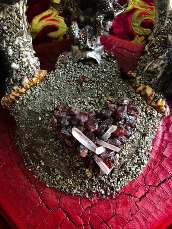 Image of Garnet Embellished Bobcat Skull Deer Antler & Fox Bones - Jewelry Display.
