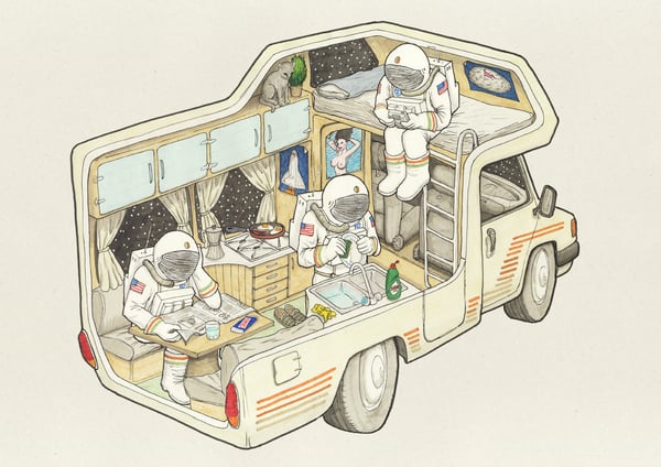 Image of tres astronautas en una autocaravana