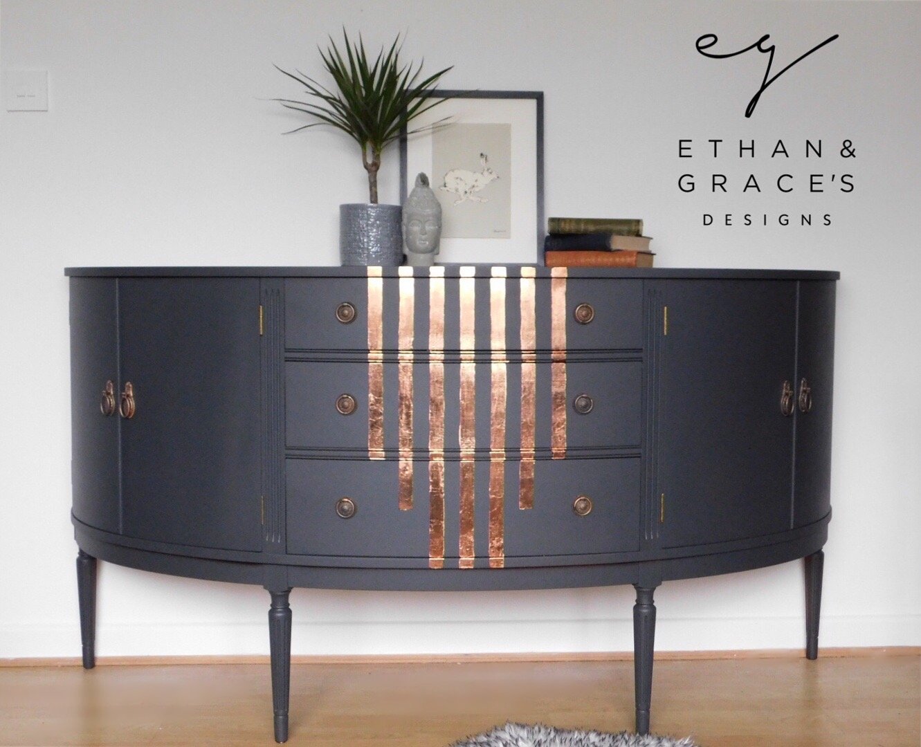 Image of Dark grey & copper leaf half moon sideboard 