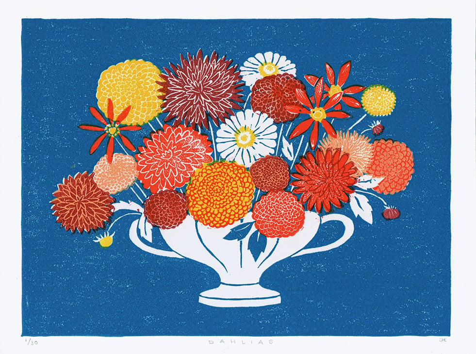 Image of Dahlias - Linocut 