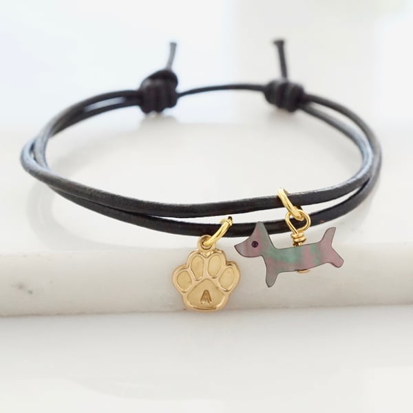 Image of Leather bracelet with dog and paw print,hand stamped initial bracelet