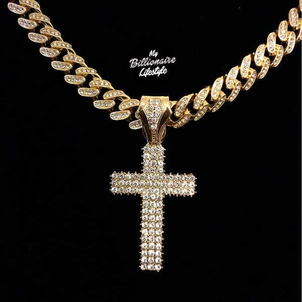 Image of Three Row Cross on Bling Chain (Gold)