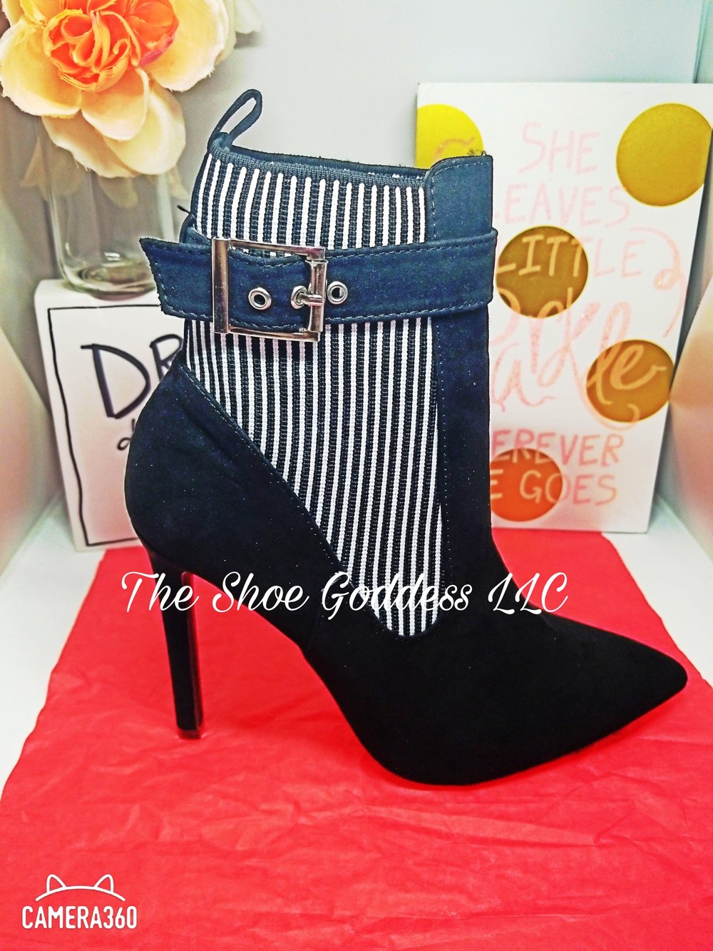 "Nina" Burgundy or Black buckle striped booties 
