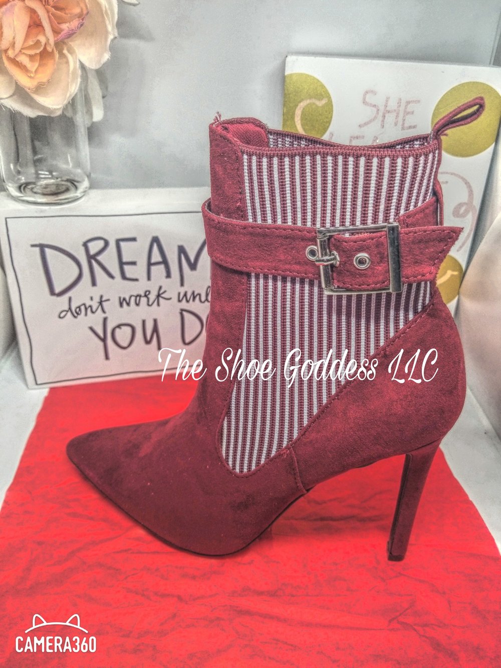 "Nina" Burgundy or Black buckle striped booties 