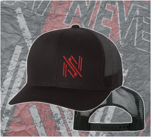 Image of "SAY NEVER ICON" TRUCKER SNAPBACK CAP - BLACK CAP with RED ICON 