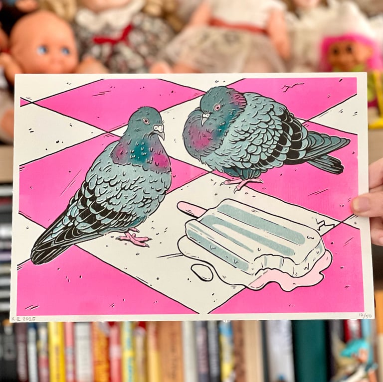 Summer Pigeons A4 Risograph print