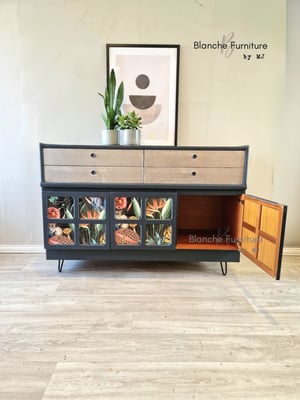 Image of Stunning Nathan Sideboard in Deep grey with Decoupaged Squares, Silver Drawers 