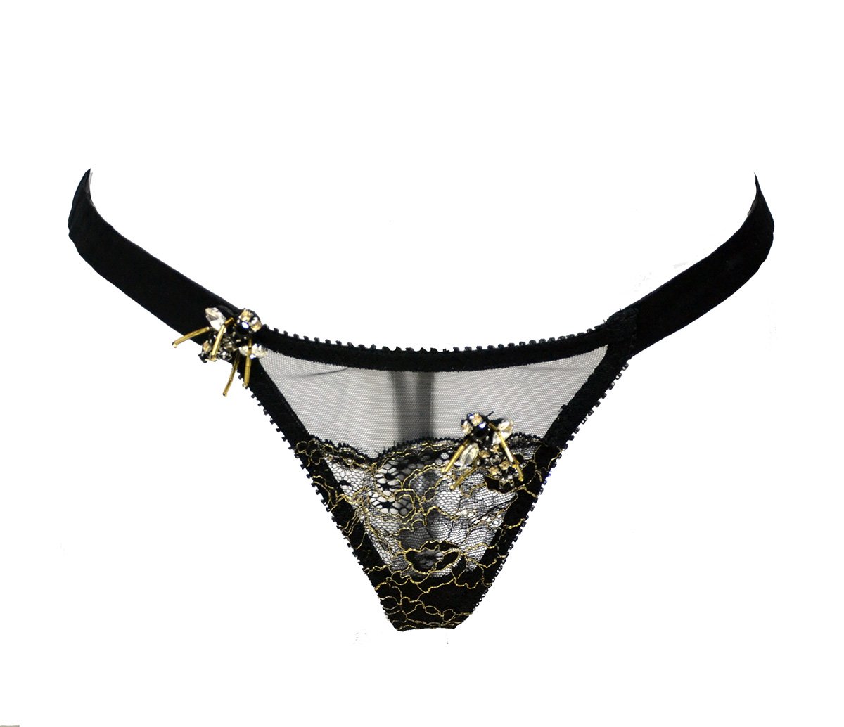 La Lilouche  ABEILLE Black silk satin and gold chantilly lace Thong