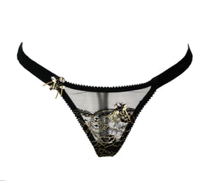 Image of ABEILLE Black silk satin and gold chantilly lace Thong