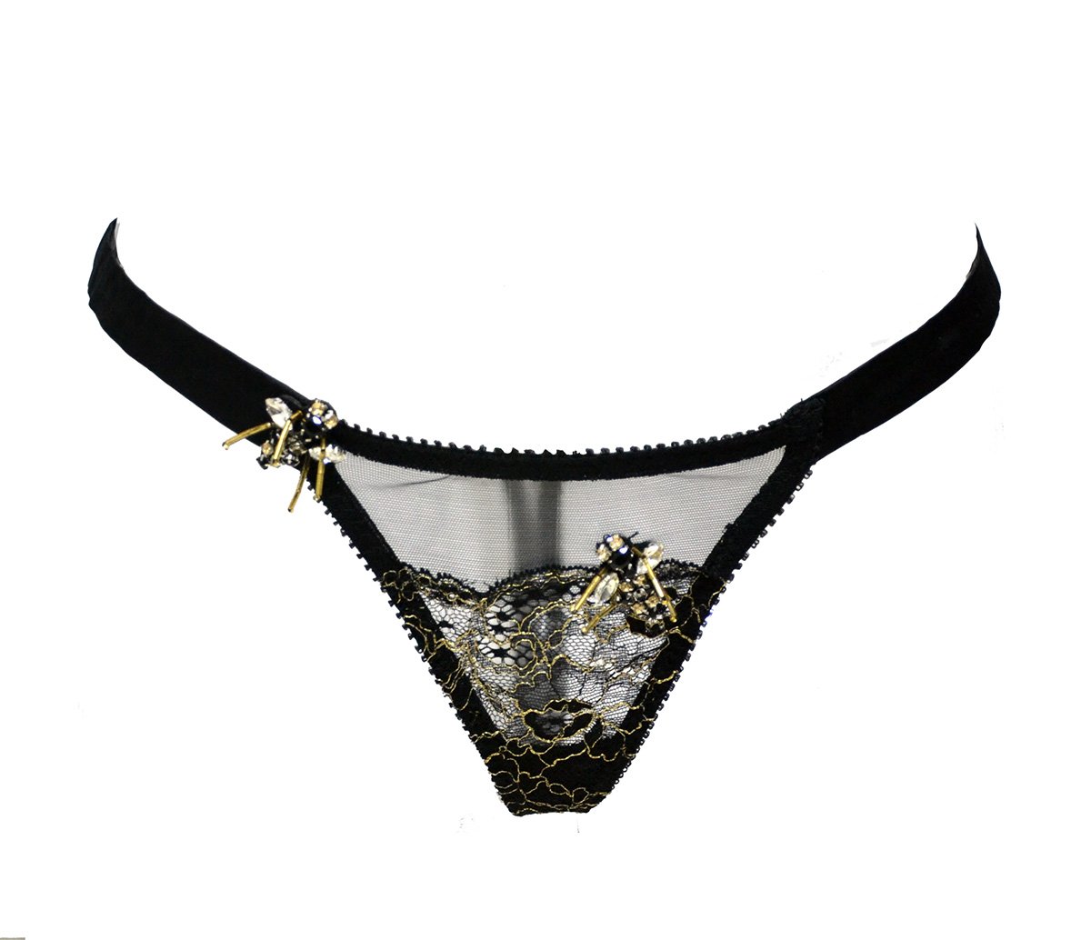 Black thong panties in stretch silk and chantilly lace - See