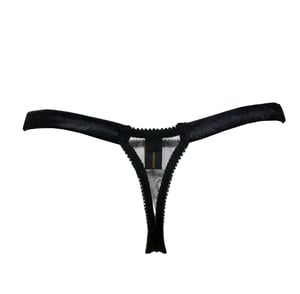 Image of ABEILLE Black silk satin and gold chantilly lace Thong