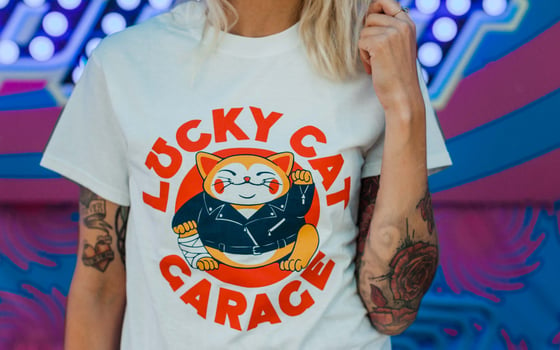 Image of Lucky Cat Garage logo tee shirt. 