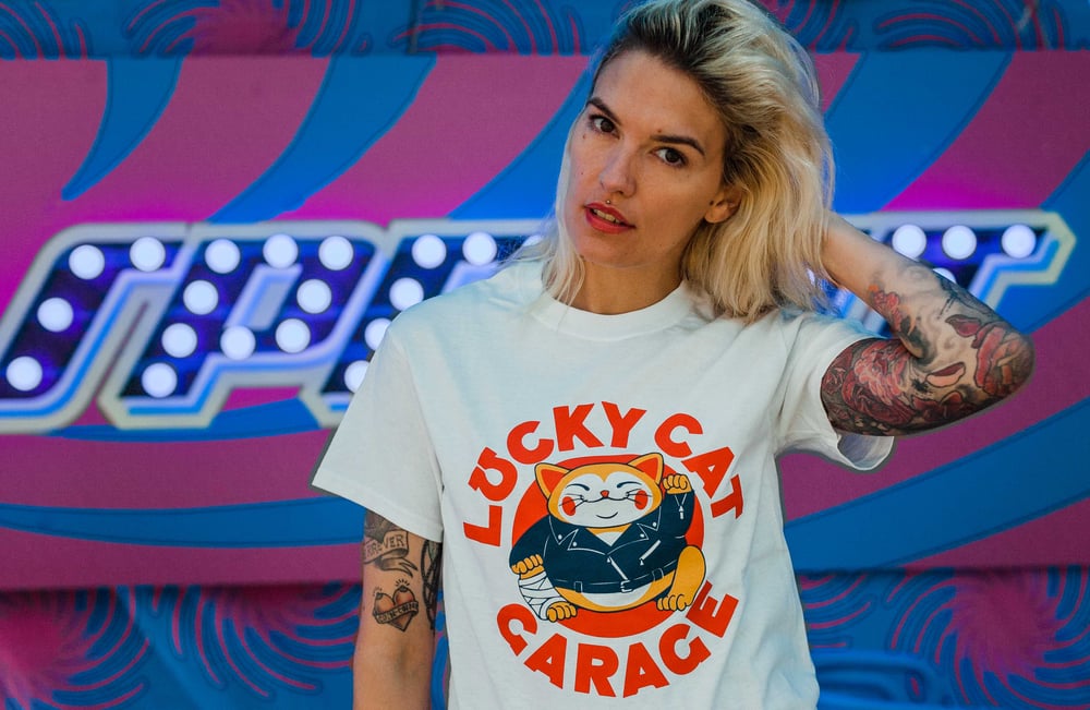 Image of Lucky Cat Garage logo tee shirt. 