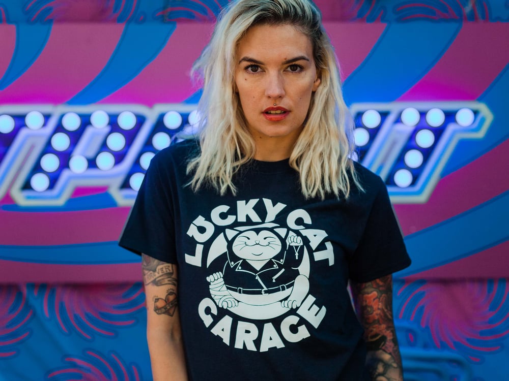 Image of Lucky Cat Garage navy blue tee shirt.