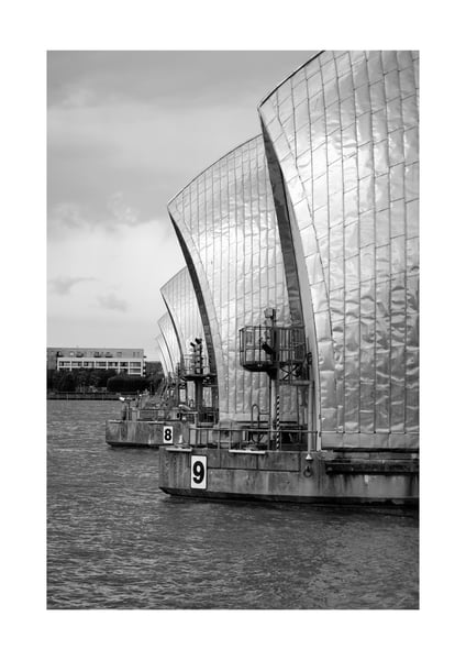Image of Thames Barrier black and white print by Neil Clasper. 