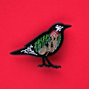 Image of Hansel & Gretel inspired enamel pin - folk tale pin - fairytale - bird pin - lapel pin badge