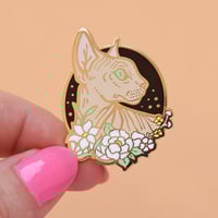 Image 1 of Sphynx cat with flowers, enamel pin - floral pin - sphynx cat - hairless cat - lapel pin badge