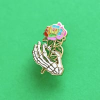 Image 2 of Skeleton hand holding a rainbow rose, enamel pin - bones - skeleton pin - anatomy - lapel pin badge