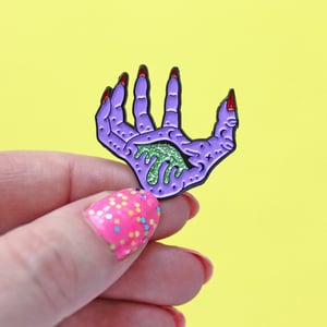 Image of Bleeding witch hand, enamel pin - witchy pin - purple hand pin - spooky pin - lapel pin badge