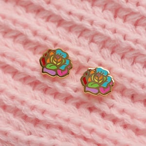 Image of Rainbow Rose earrings - gold plated - 925 silver posts - flower earrings - hard enamel studs