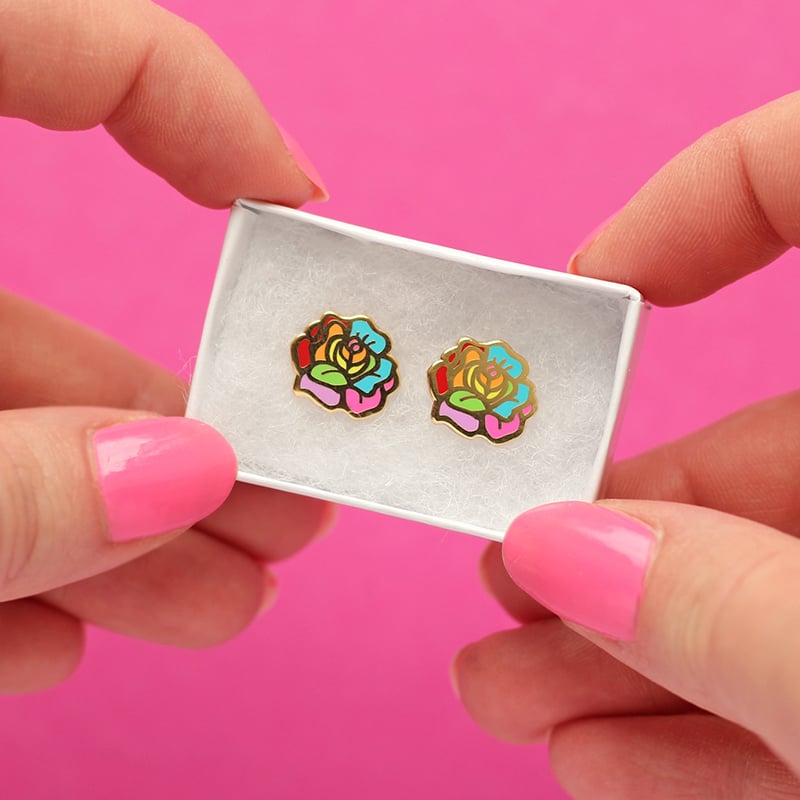 Image of Rainbow Rose earrings - gold plated - 925 silver posts - flower earrings - hard enamel studs