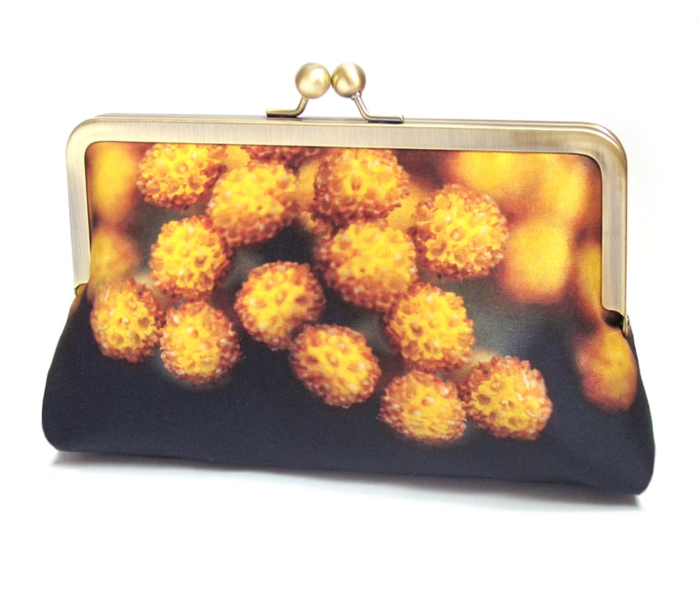 Image of Yellow flower pod, printed clutch bag + chain handle