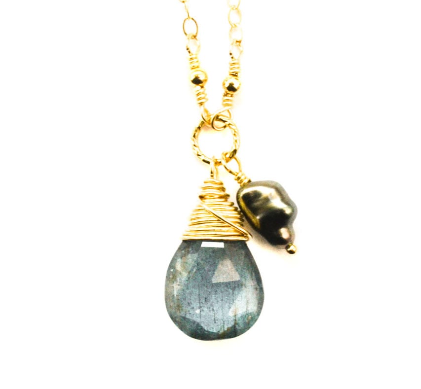 Image of Moss aquamarine Tahitian pearl necklace 14kt gold-filled
